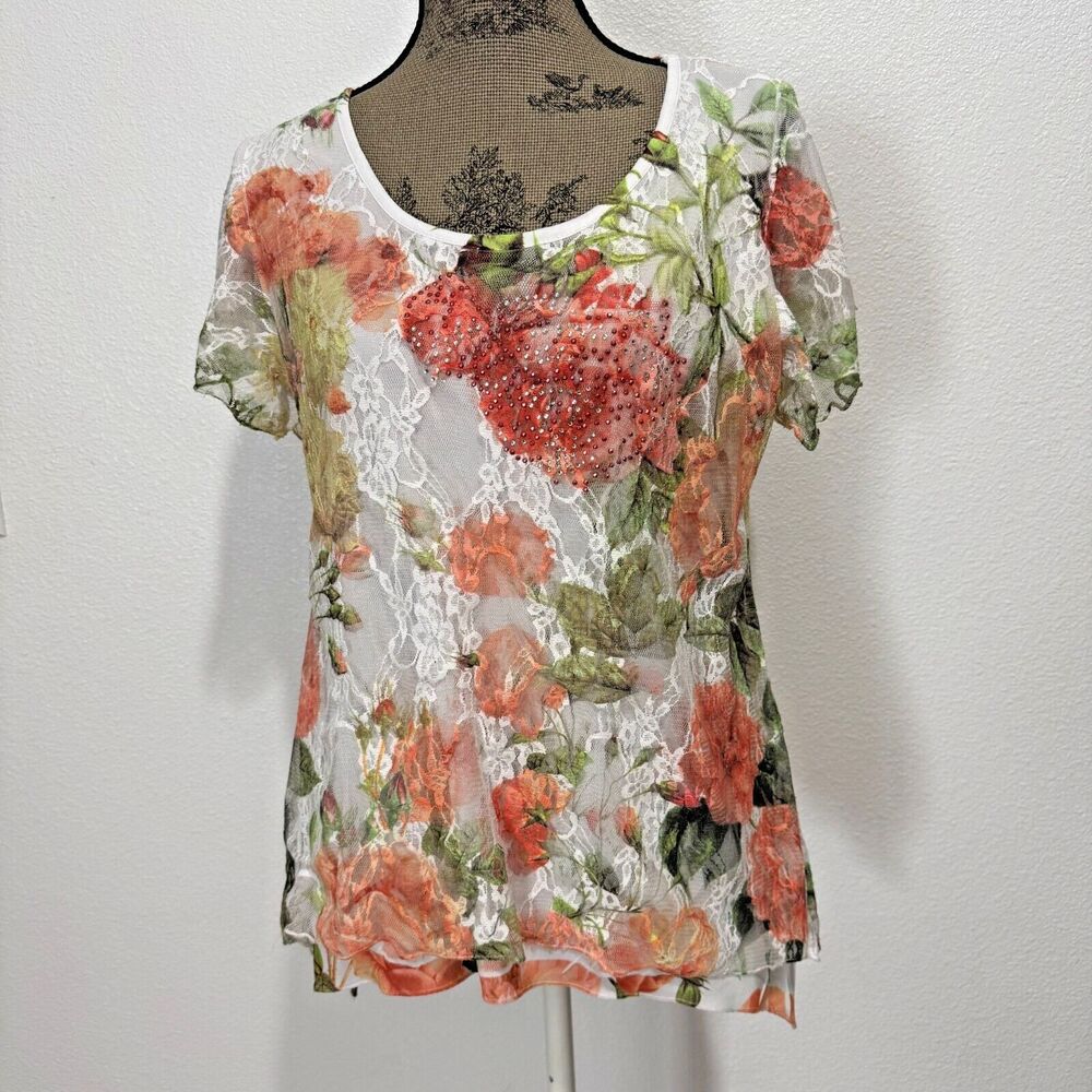 Vtg Y2K Est 1952 Women Fairy Floral Lined Back Split Short Sleeves top Sz M USA